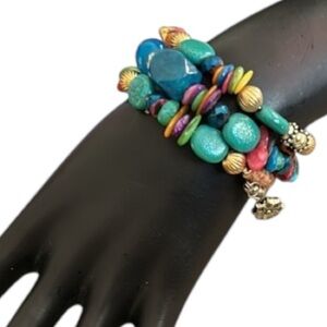 Turquoise Coiled Stack Multicolored Stone Bead and Charm Bracelet